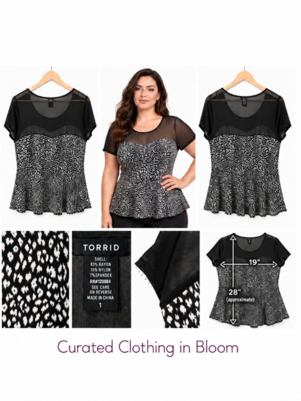 Torrid Size 1 Black & White Animal Print Mesh Yoke Short Sleeve Peplum Top